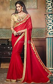 Charming Red Embroidered Chiffon Bollywood Amrita Rao Sari
