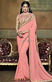 Gorgeous Peach Embroidered Georgette Bollywood Amrita Rao Saree