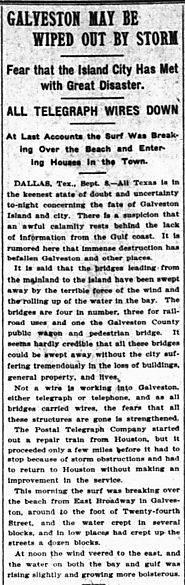 Galveston feared "wiped out by storm"; telegraph lines and bridges to the island are destroyed - Newspapers.com