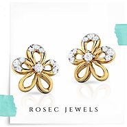 Screw Back Flower Stud Earring, 14k Yellow/ Rose Gold Diamond Studs, White Gold Floral Leaf Earring, Bridal Diamond E...