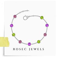 Multi Gemstone 9 Station Bracelet, 14k White Gold Chain Colored Stone Link Bracelet, Round Birthstone Bracelet for Women