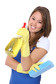 Cleaning Lady with Blue Apron spray bottle with sponge