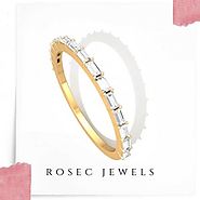 Prong-Set Baguette Diamond Wedding Ring, Half Eternity Anniversary Ring Band, Yellow Gold Delicate Band for Women