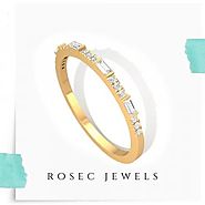 14kt Yellow Gold Stack Ring, Baguette Round Diamond Wedding Ring, Bar Set Gold Bands for Women