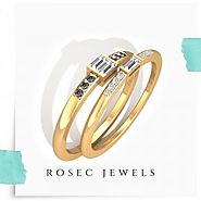 Baguette Round Diamond Engagement Ring, Black Diamond Bridal Set, Yellow Gold Solitaire Wedding Ring Set