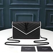 Saint Laurent Large Monogram Chain Wallet In Grained Matelasse Leather Black/White
