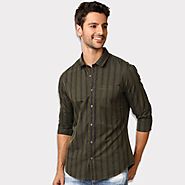 Dark Green Stripped Slim Fit Shirt at Beyoung