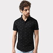 Black Dot & Leaf Printed Slim Fit Half Sleeve Shirt