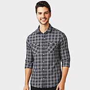 Black Dual Pocket Checkered Slim Fit Shirt at Beyoung