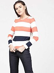 ether Broad Stripes Women Round Neck White, Orange, Dark Blue T-Shirt - Buy ether Broad Stripes Women Round Neck Whit...