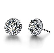 A Pair Of Round Cut Halo Diamond Earrings At The Lowest Price