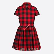 Dior Fringed Dress In Check Motif Wool Red