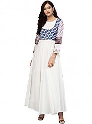 Buy White And Blue Printed Flare Cotton Jacket Kurta For Women