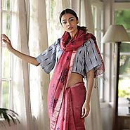Linen Silk Saree With Hand Block Prints
