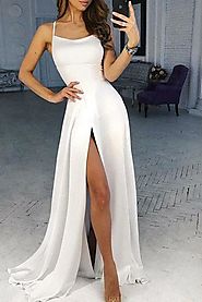 Simple White Scoop High Slit Satin Prom Dresses, Long Cheap Prom Gowns on sale – jolilis