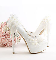 Women Lace Wedding Shoes White Flowers Pumps Platform High Heels Pearls Wedding Shoes Bride Dress Shoe