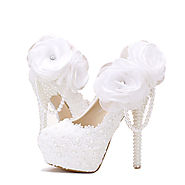 Lace pearl white flowers bridal shoes thin high heel platform shoes with pearl pendant pointed toe wedding shoes
