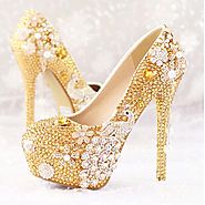 fashion Women shoes gold diamond bridal shoes with flowers peacock high heel ladies wedding shoes pumps