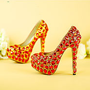Women Wedding Dress Bridal Shoes Big Red Crystal High Heels Rhinestone Golden Striate Collaterals Glittering Party Shoes