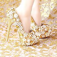 Gold Women Wedding Shoes Platform High Heels Rhinestone Bridal Handmade Genuine Leather Shoes