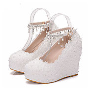 Women Wedding Shoes White Lace Flowers Crystal Bridal Party Pearl Pumps Round Toe Super High Heel Sweet Rinestone Sho...