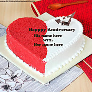 Romantic Happy Anniversary Cake Decorated Red And White Colored Creamy Cake With Name