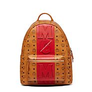 MCM Medium Stark Logo Stripe Backpack In Brown