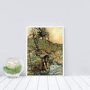 RACKHAM BOOK ILLUSTRATION - Fairy Tale Art Poster, Woman Washing By Stream, Watercolor Print, Vintage Wall Art