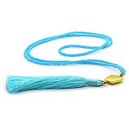 Beaded Tassel Necklace | Blue Beads On Light Blue Tassel