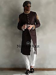 Seal brown jamawar groom sherwani design with golden buttons and embroidery on sleeves and collar