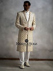 Raw silk off white shawl collar sherwani pajama for groom with fully embroidered front and sleeves