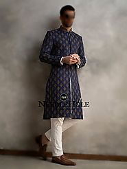 Jamawar front open sherwani pajama for groom with embroidery all over the front and sleeves