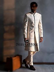 Raw silk off white wedding sherwani pajama for groom with embroidery all over the front and sleeves