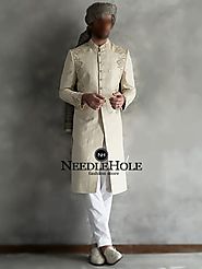 Jamawar light gold wedding sherwani suit for groom with embroidery on collar, shoulder and sleeves cuff