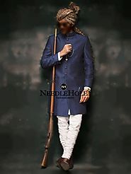 Add more attraction to your personality by wearing this simple persian blue reception sherwani suit on your big day