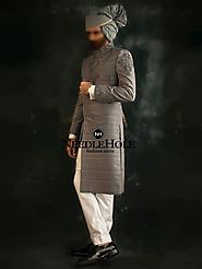 Glow yourself on your big day by wearing this impressive Indian Pakistani groom sherwani in battleship gray raw silk ...