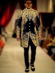 Attract the audience in this luxurious embroidered wedding sherwani dress in velvet fabric