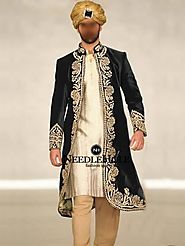Add a traditional burst to your look with this amazing black color front open style wedding sherwani in velvet fabric