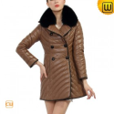 Women Fur Trimmed Leather Down Coat CW681164 - JACKETS.CWMALLS.COM