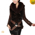 Women Brown Leather Fur Trimmed Coat CW680028 - JACKETS.CWMALLS.COM