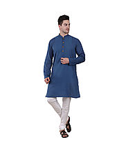 Teal Blue Cotton Embroidered Long Kurta for Men