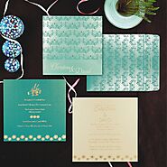 Turquoise Shimmery Butterfly Themed - Screen Printed Wedding Card