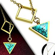 Gold Plated Stainless Steel Square Triangle Charm Necklace w/ Turquoise Stone