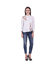 White Rayon Floral Embroidered Buttoned Cuffs Shirt