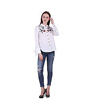 White Embroidered Cotton Full Sleeves Shirt for Women