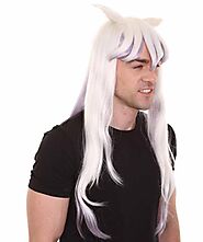 White And Purple Long Straight Wig With Ears