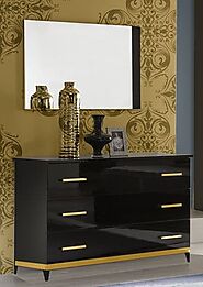 Black Gloss And Gold Trim Italian Chest Of Drawers Table