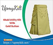 Website at https://upmykilt.net/khaki-utility-kilt-with-gold-button/