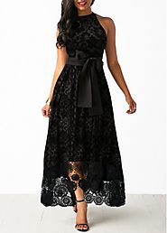 Rotita Belted Bib Neck Sleeveless Lace Maxi Dress - KWEEKBOOK