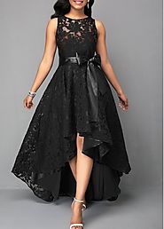 Rotita Sleeveless High Low Belted Black Lace Dress - KWEEKBOOK
